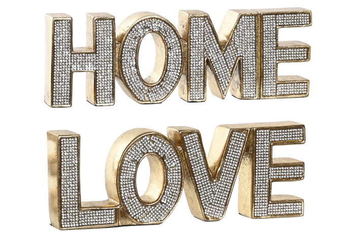 Objetos decorativos dourados com palavras HOME e LOVE em cristais