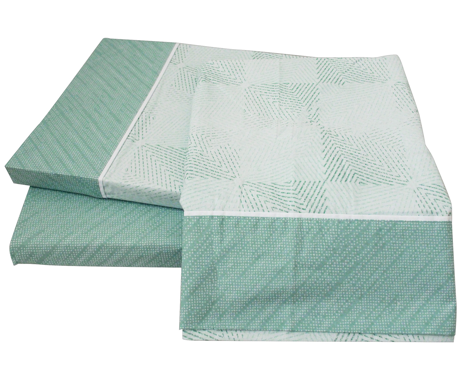 Jogo de cama branco e verde com padrão de folhas