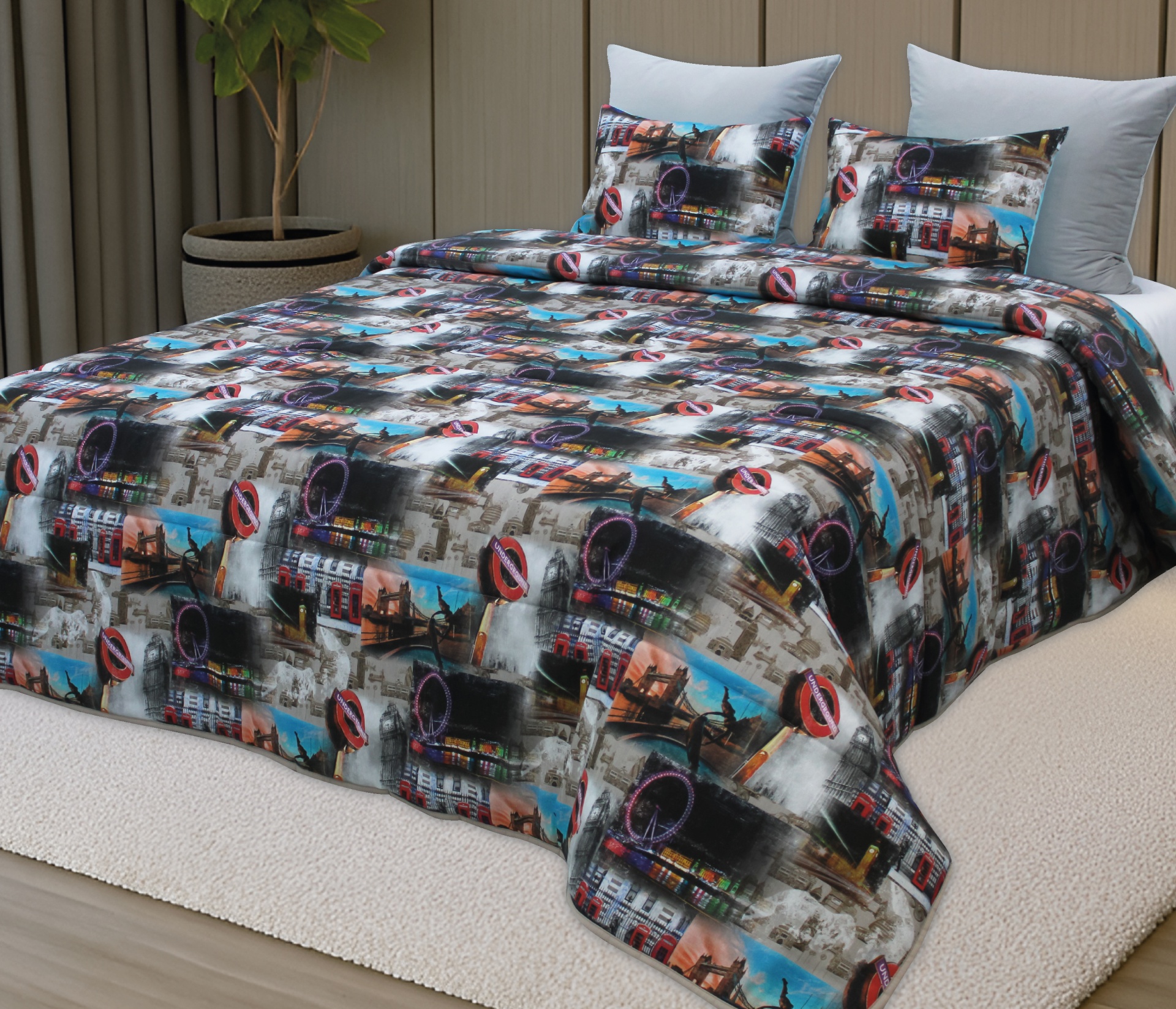 Colcha e fronhas de edredão estampadas com fotos e sinais de trânsito num quarto com carpete bege