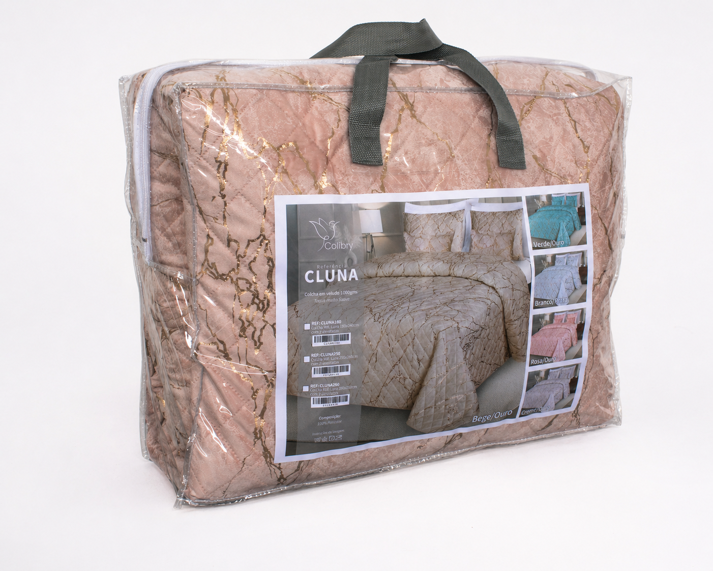 Colcha em veludo rosa com padrão dourado embalada em saco transparente com etiqueta