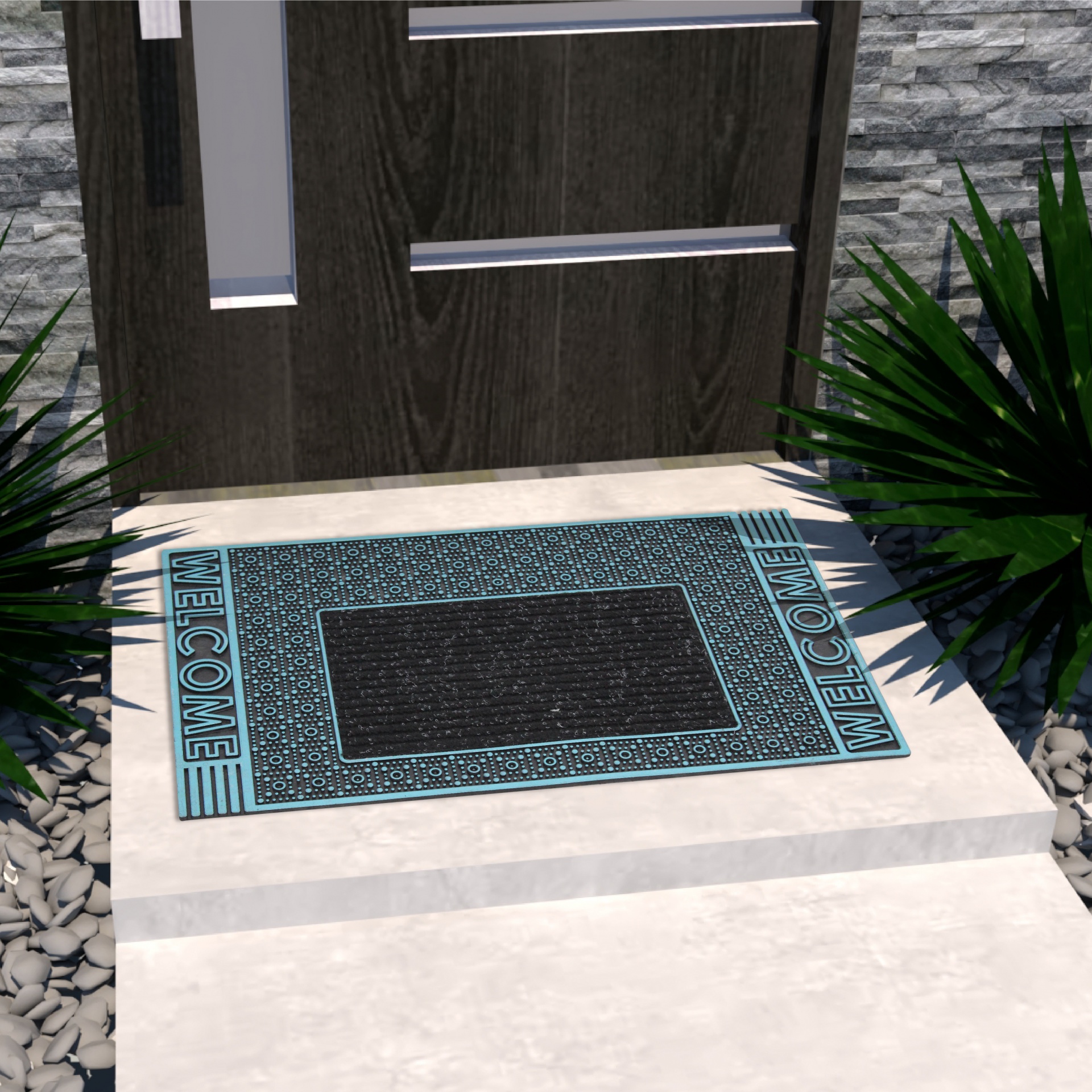 Tapete azulado com texto WELCOME à entrada de porta de madeira escura