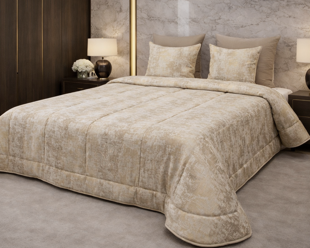 Cobertura de cama almofadada bege com almofadas numa suíte com detalhes em madeira e mármore