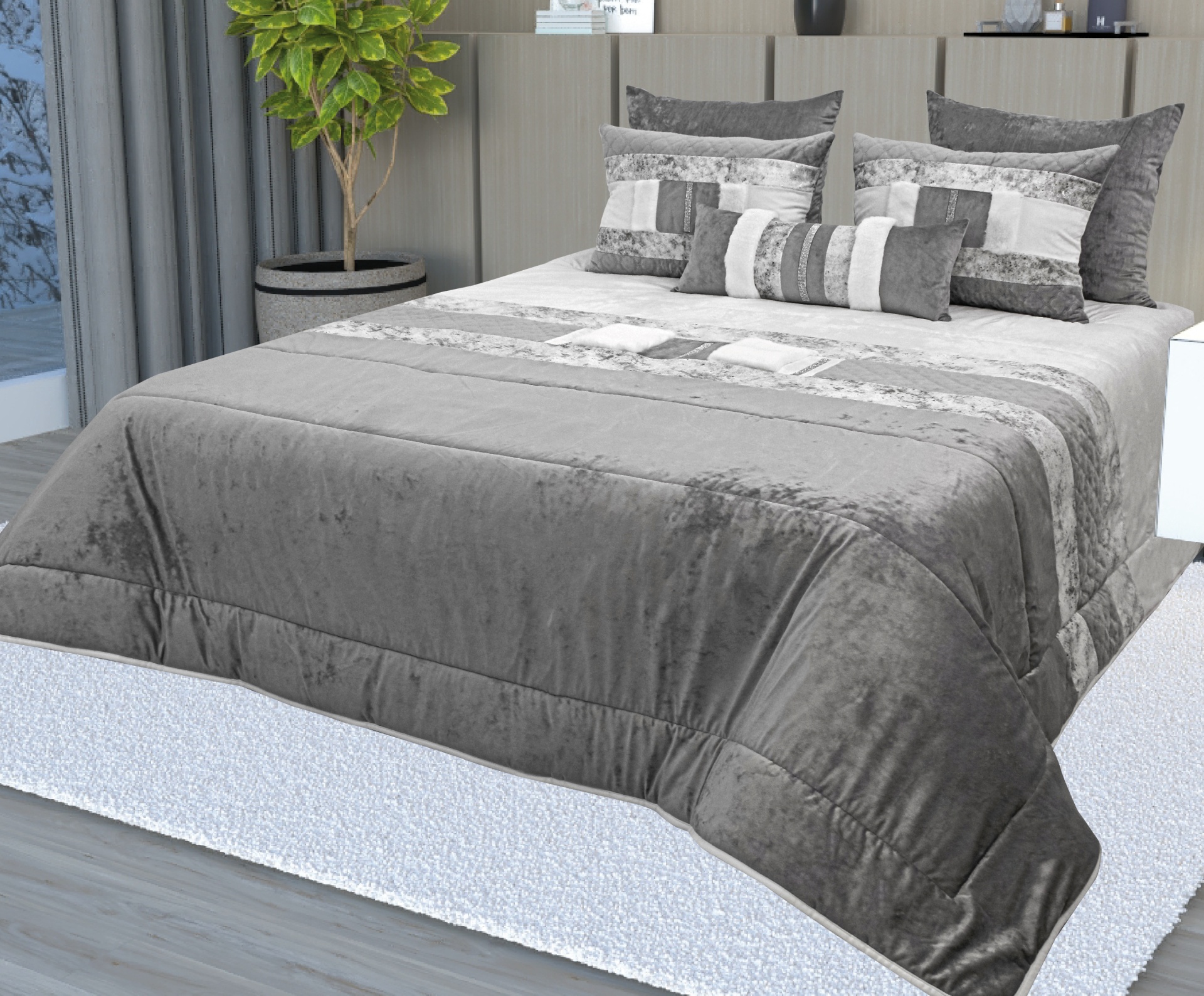 Jogo de cama cinzento e branco com padrões geométricos e almofadas