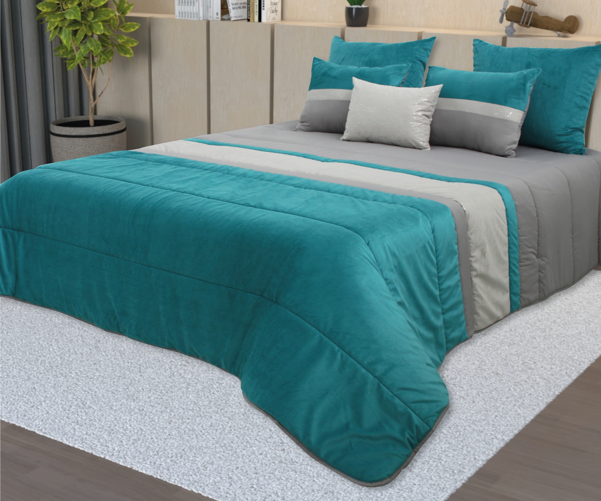 Conjunto de cama azul-turquesa e cinza com almofadas e edredão em quarto moderno