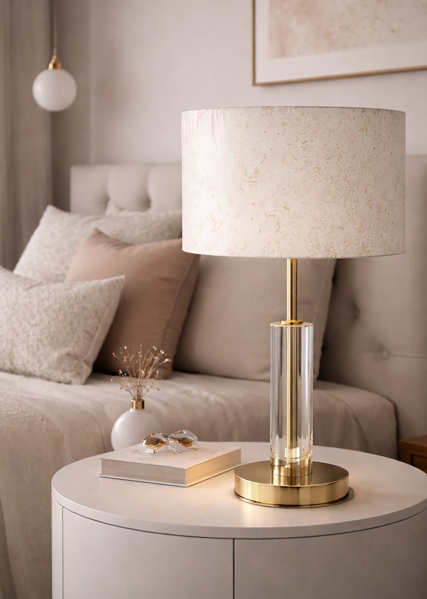 Abajur com base de metal dourado e cúpula creme sobre mesa redonda branca