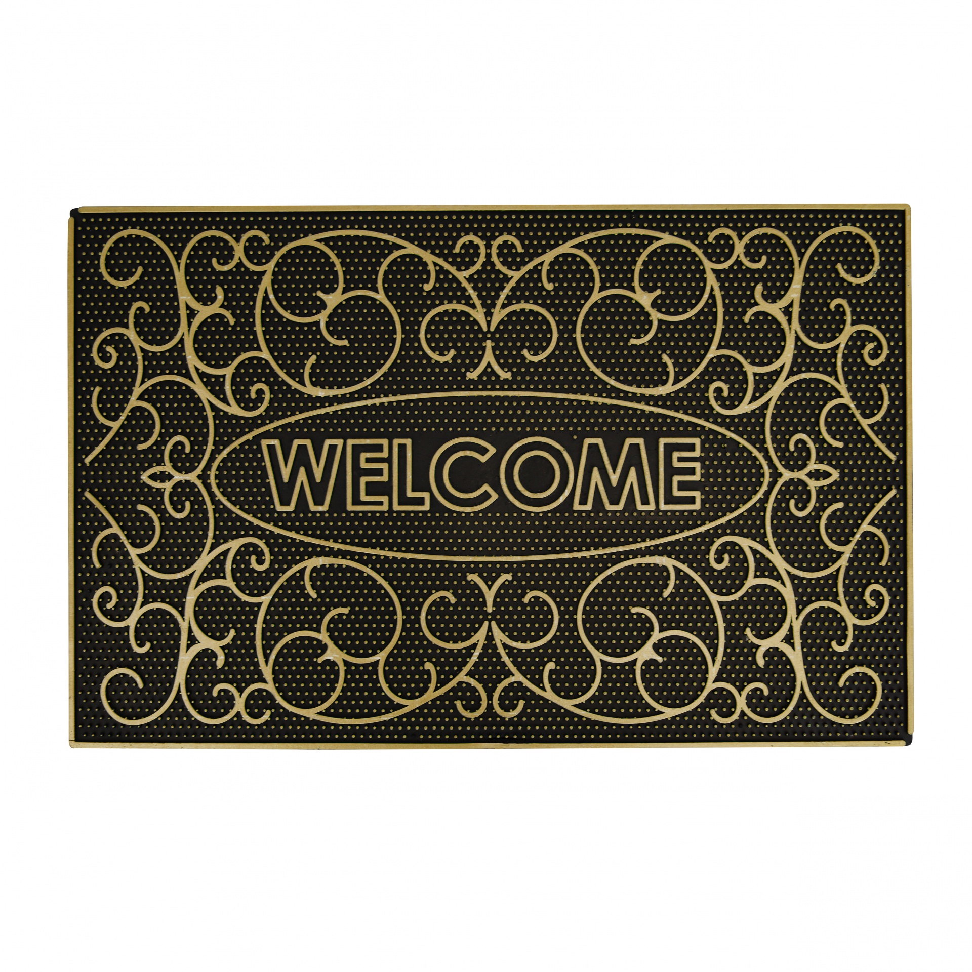 Tapete de entrada preto com padrão dourado e texto 'WELCOME'