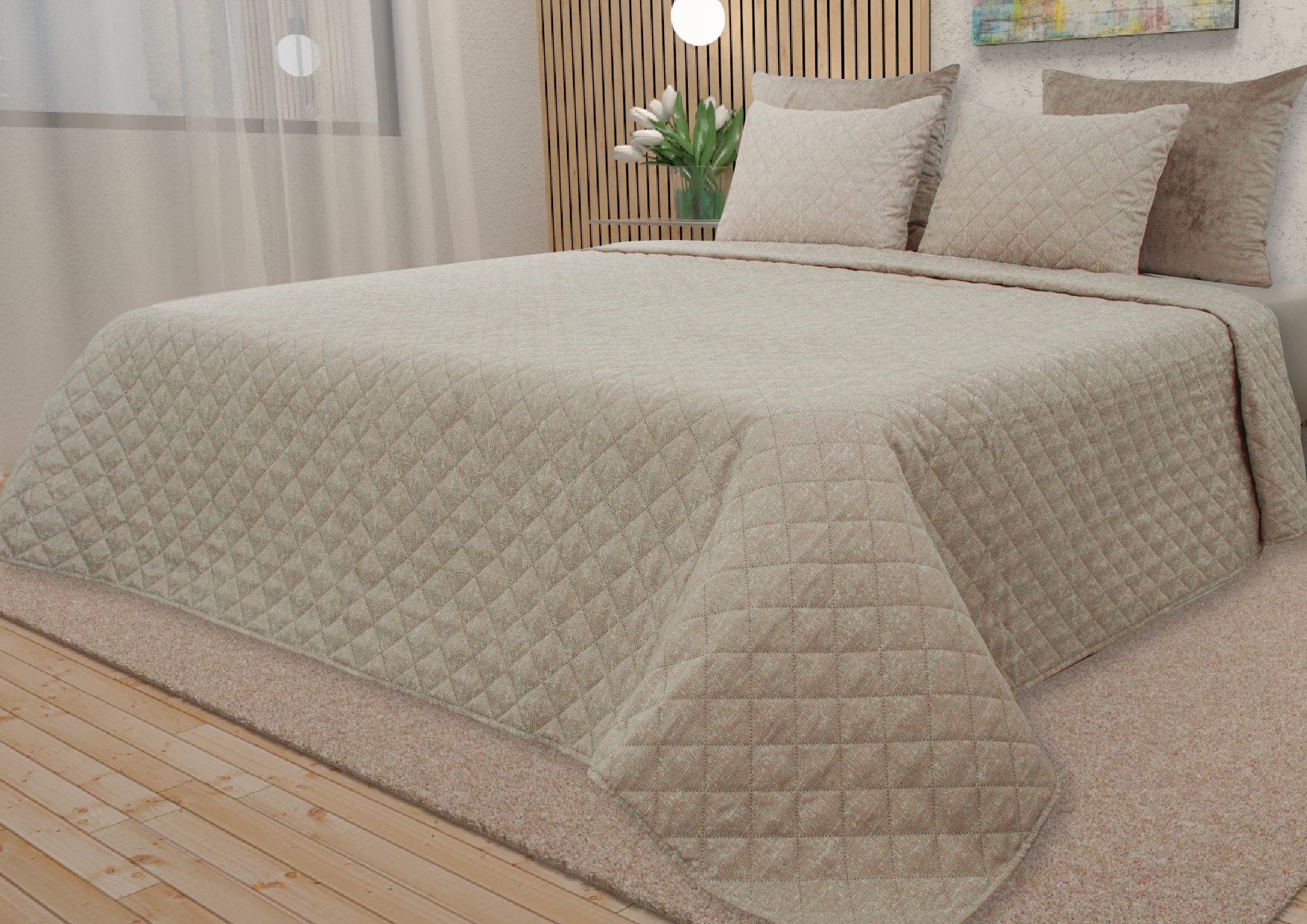 Cama com colcha e almofadas bege matelassadas com padrão de losangos