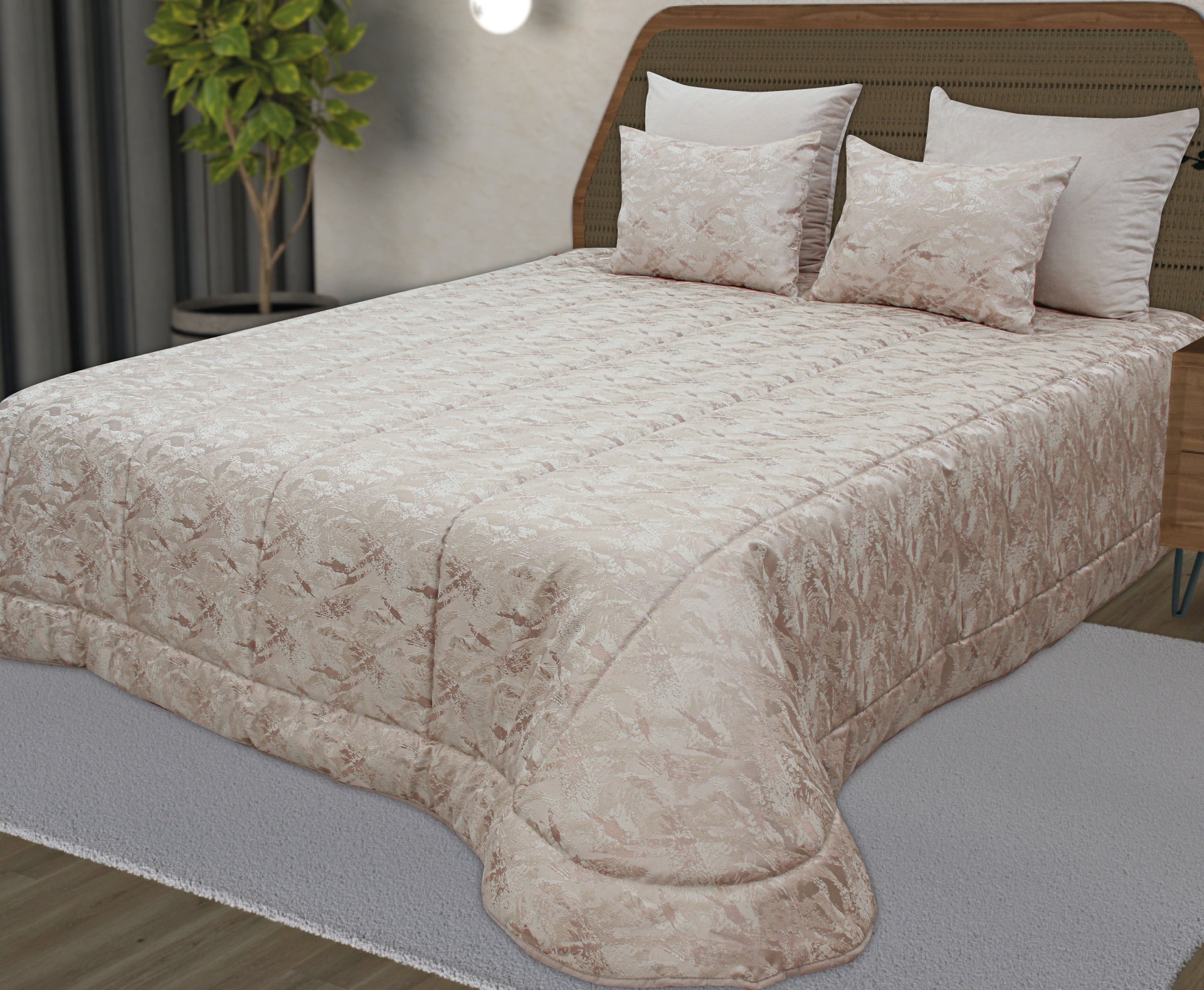 Colcha bege com padrão floral e almofadas numa cama com cabeceira castanha