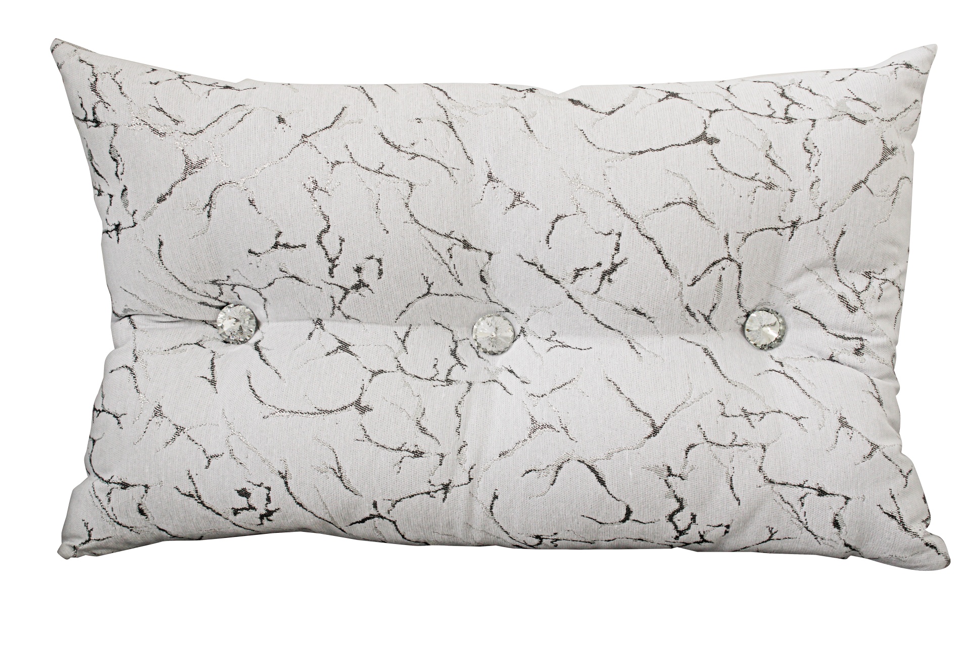 Almofada retangular branca com padrão cinza marmoreado e botões