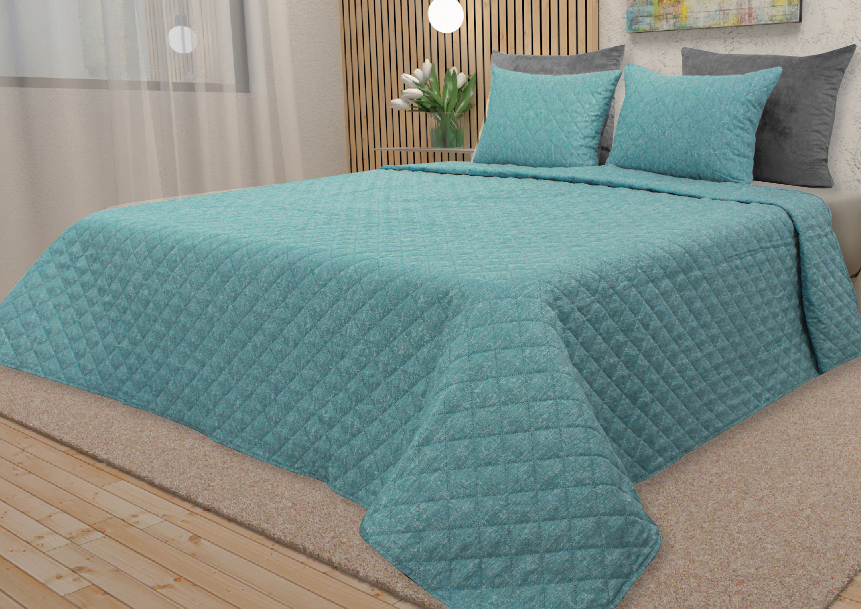 Cama com edredom azul turquesa matelassê e almofadas em quarto moderno