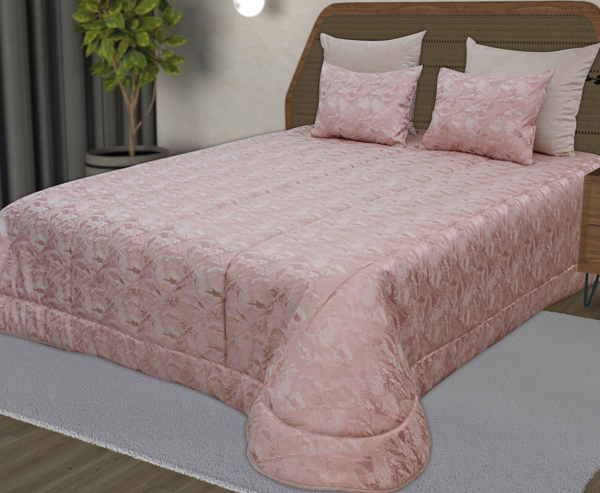 Cama com colcha e almofadas cor-de-rosa com padrão floral acolchoado