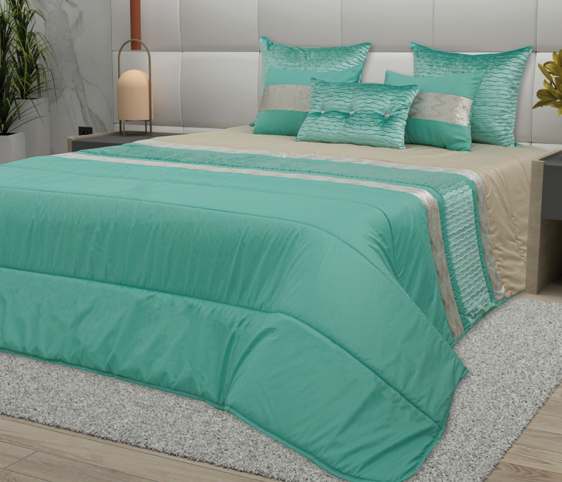 Conjunto de roupa de cama turquesa e bege com almofadas e edredão num quarto moderno