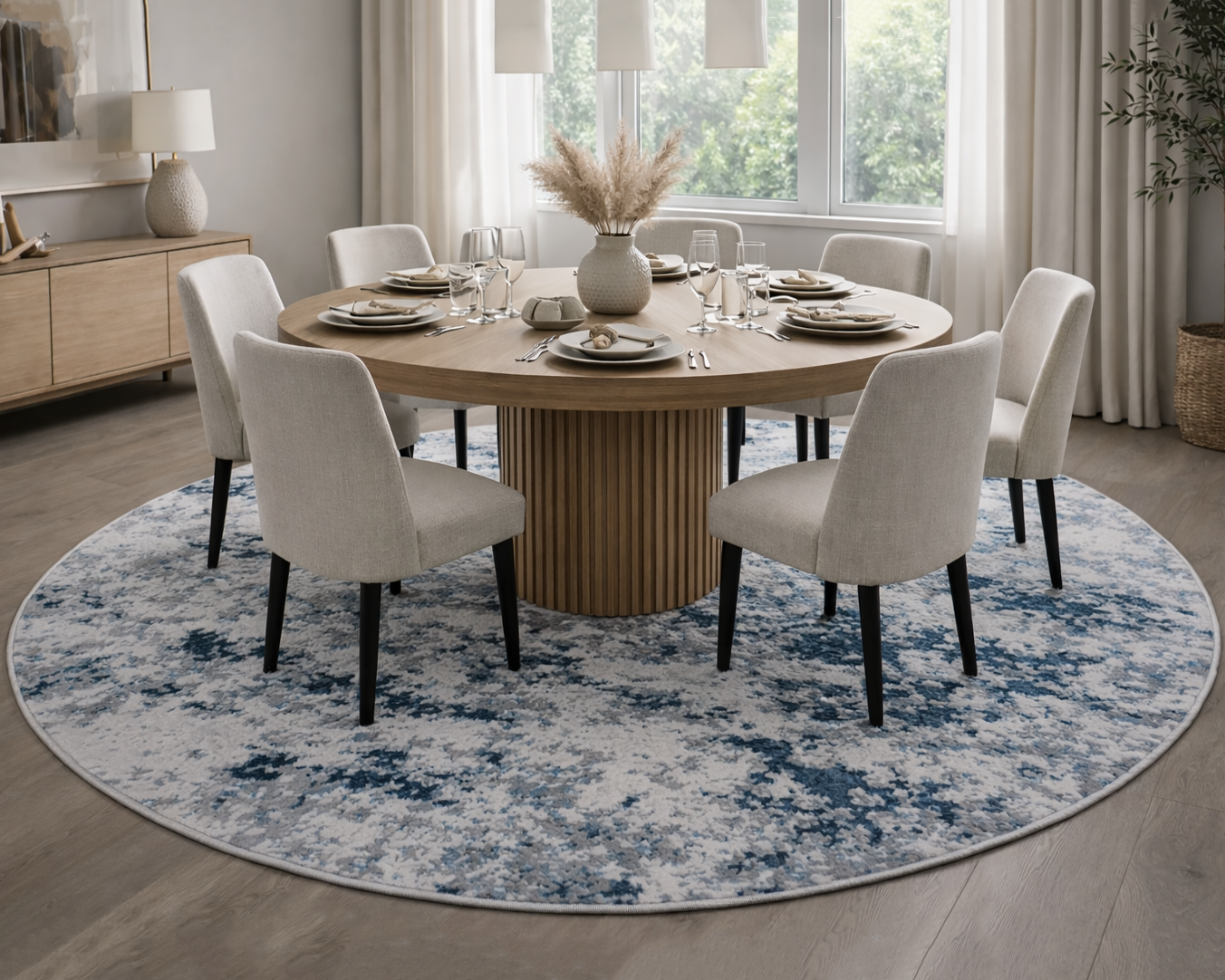 Mesa de jantar redonda de madeira clara com cadeiras estofadas bege claro e tapete redondo azul e branco