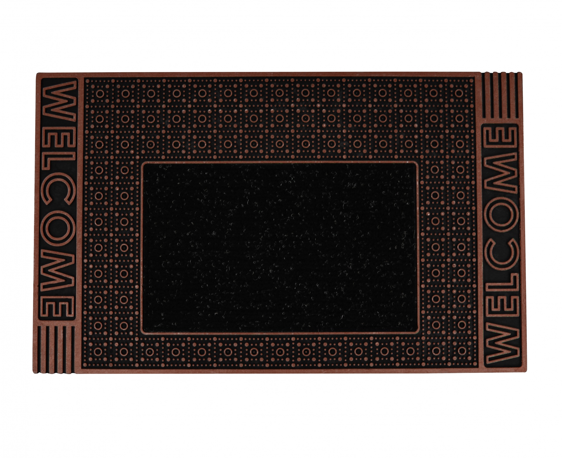 Tapete retangular preto com padrão castanho e texto WELCOME