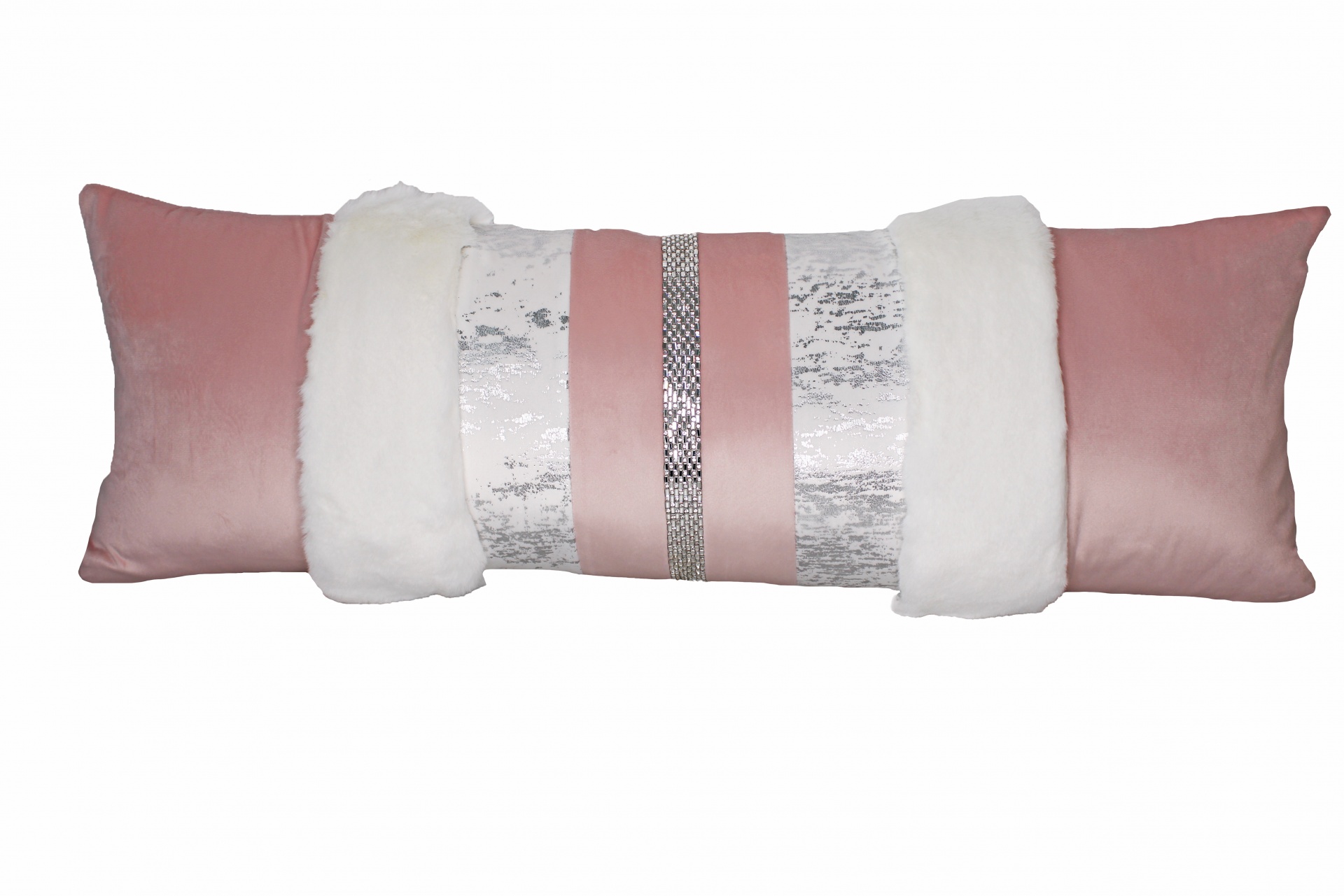 Almofada retangular longa rosa com detalhes brancos e prateados