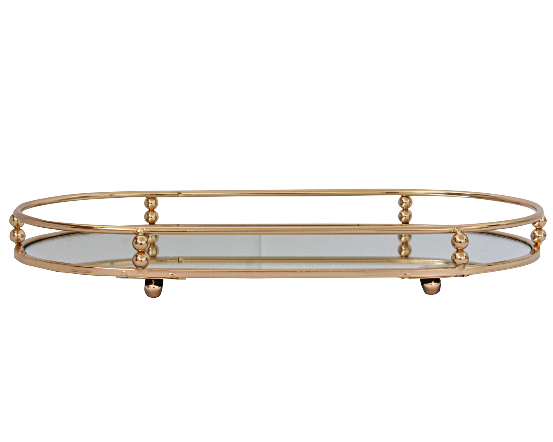 Suporte espelhado oval com estrutura metálica dourada