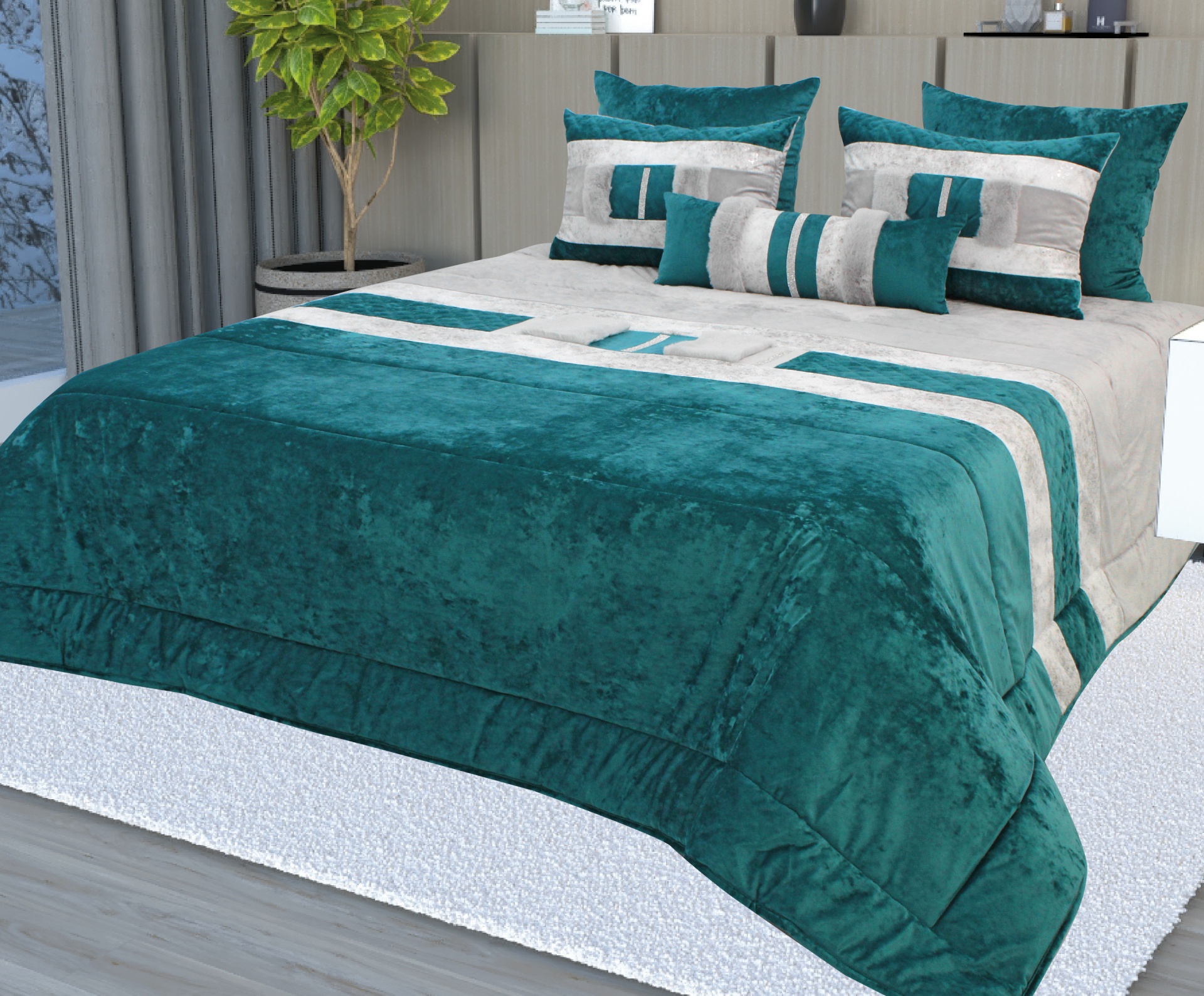 Conjunto de roupa de cama verde turquesa e creme em quarto moderno
