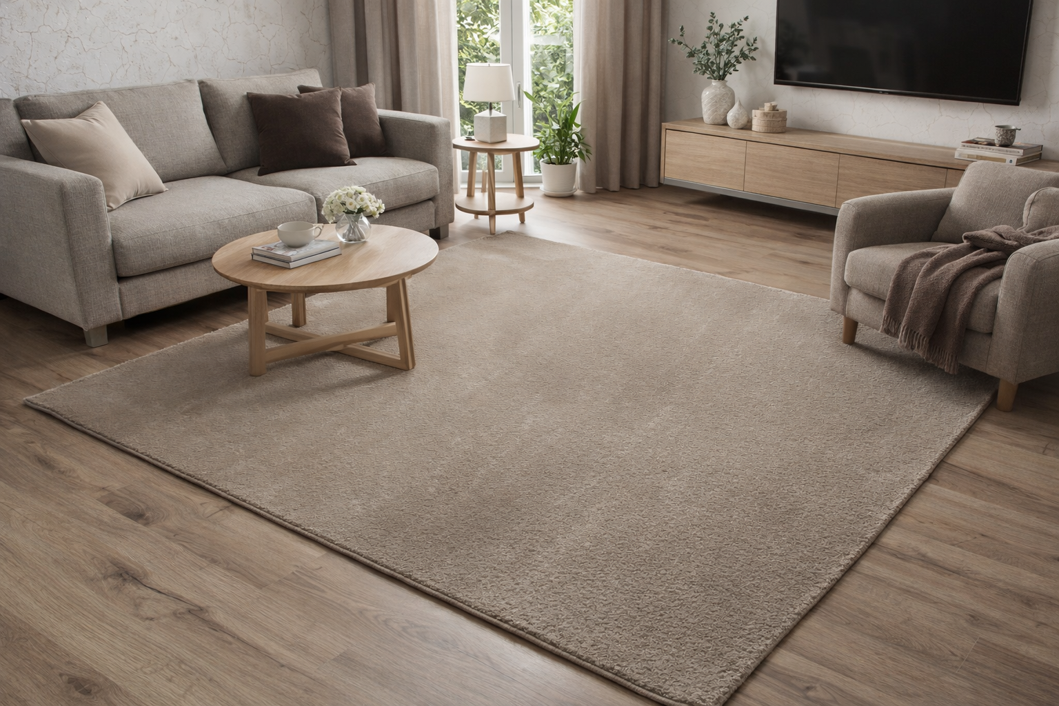 Sala de estar com sofá cinza claro, mesa de centro de madeira, tapete bege, poltrona cinza, móvel suspenso em madeira clara e televisão