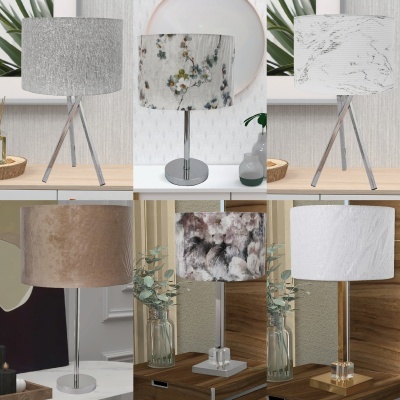 Seis candeeiros de mesa com abajures variados em ambientes interiores modernos