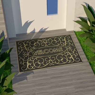 Tapete de entrada preto e dourado com a palavra Welcome e padrão arabesco