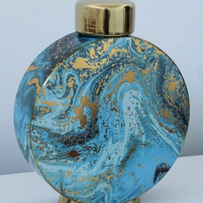 Frasco redondo decorativo com padrão marmoreado azul e dourado