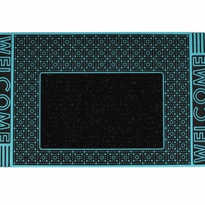 Tapete de porta preto e azul com a palavra WELCOME