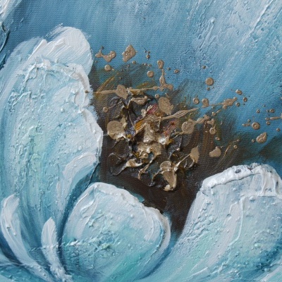 pintura em tela de flor azul com textura espessa e centro castanho