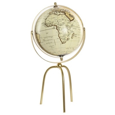 Globo terrestre decorativo bege sobre suporte metálico dourado tripé