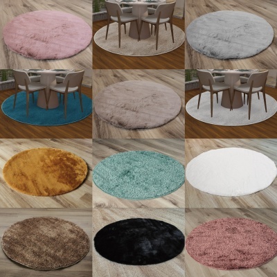 Tapetes redondos felpudos de várias cores em diferentes pavimentos e arranjos