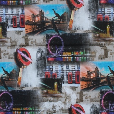 tecido estampado com imagens de Londres como cabines telefónicas vermelhas e London Eye