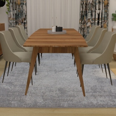 Conjunto de sala de jantar com mesa de madeira e cadeiras estofadas bege