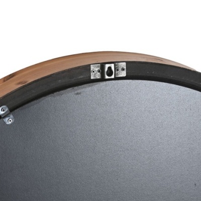 Parte traseira de espelho redondo com moldura em madeira e suporte para pendurar