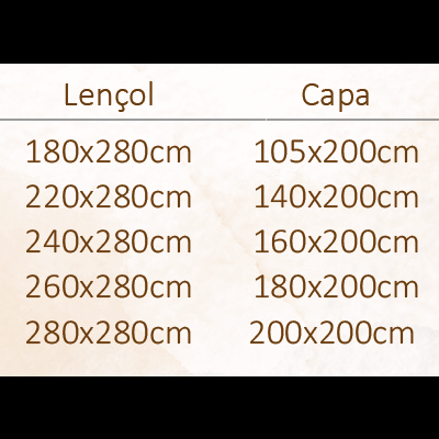 Tabela de tamanhos para jogo de cama com medidas em centímetros para lençol, capa e almofadas