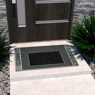 Tapete de entrada preto com a palavra WELCOME em frente a uma porta de madeira com revestimento de pedra e plantas
