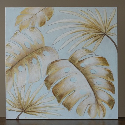 Tela com pintura de folhas tropicais bege e dourado