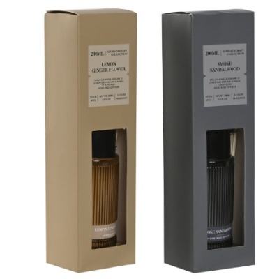 Duas embalagens retangulares contendo frascos com líquidos coloridos e rótulos. 