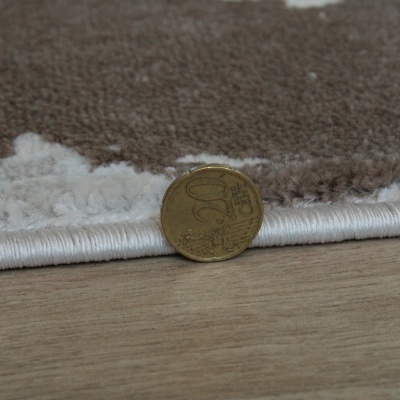 Moeda de 20 cêntimos junto a tapete castanho bege branco sobre chão madeira clara