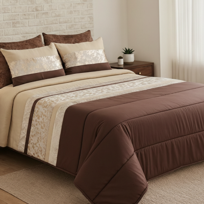 Cama arrumada com edredão castanho e almofadas bege e castanhas num quarto moderno