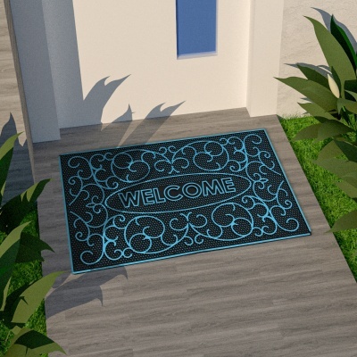 Tapete preto com padrão azul e texto WELCOME à entrada de casa