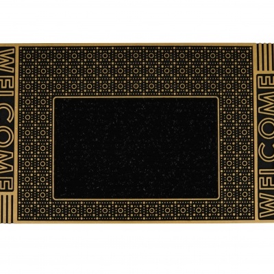 Tapete rectangular preto e bege com padrão geométrico e palavra WELCOME nas bordas