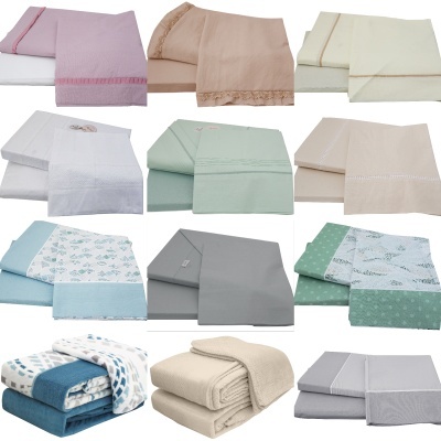 Conjunto de lençóis e mantas coloridos com diferentes padrões e texturas