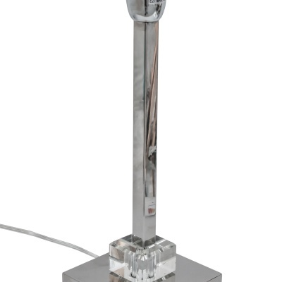 Candeeiro de mesa metálico prateado com base quadrada e detalhe acrílico