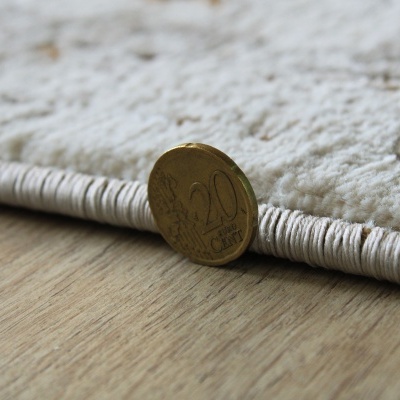 Tapete bege claro com borda grossa junto a moeda de 20 centavos em chão de madeira