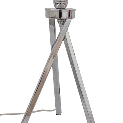 Luminária de mesa com base metálica cromada, suporte de lâmpada branco e cabo elétrico cinza