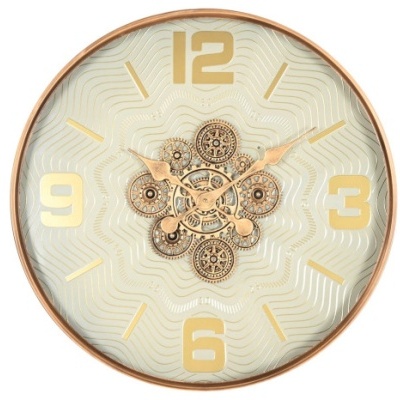 Relógio de parede redondo dourado com mostrador branco e números dourados