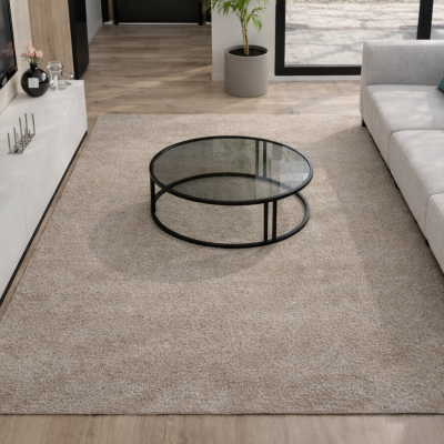 Tapete bege de pelo alto numa sala com mesa de centro de vidro e metal preto, sofá cinza com almofadas coloridas, móvel branco e TV de parede.