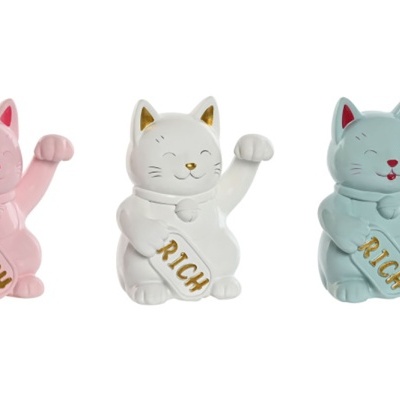 Três estátuas de gatos da sorte em cerâmica coloridos com a palavra RICH
