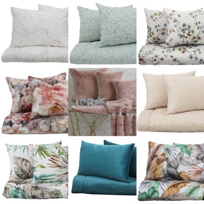 Nove conjuntos de roupa de cama com almofadas em vários padrões e texturas