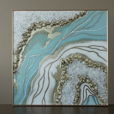 Quadro decorativo abstrato com padrão estilo geoda azul e dourado