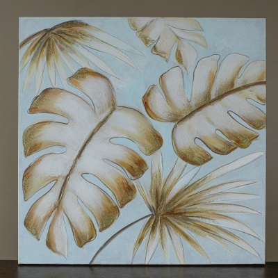 Tela decorativa com pintura de folhas bege e castanhas sobre fundo azul claro